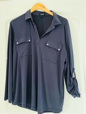 Jones New York Navy Collared Long Sleeve Top